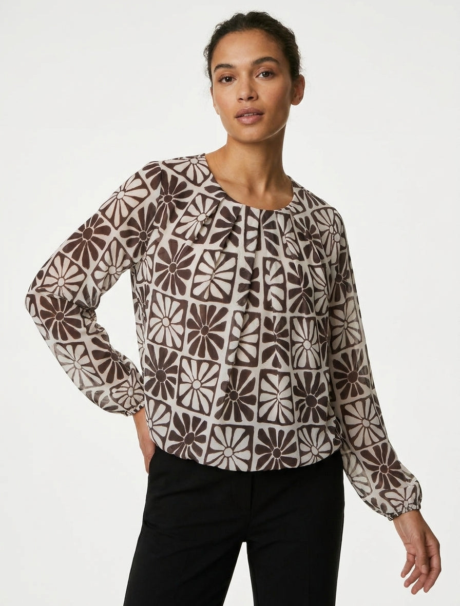 Langarm-Top mit Gänseblümchen-Print - Braun