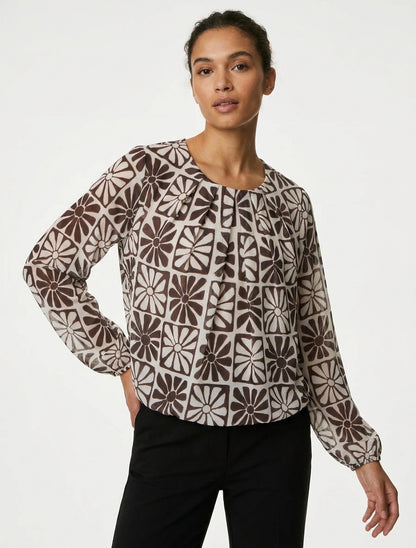Langarm-Top mit Gänseblümchen-Print - Braun