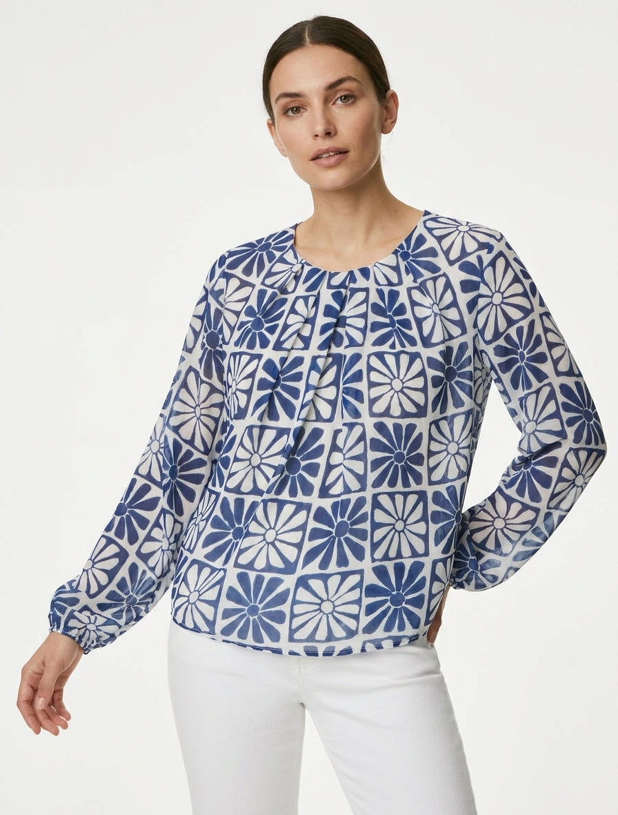 Langarm-Top mit Gänseblümchen-Print - Marine