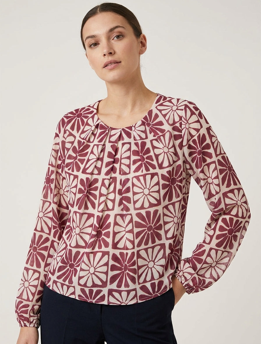 Langarm-Top mit Gänseblümchen-Print - Weinrot