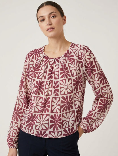 Langarm-Top mit Gänseblümchen-Print - Weinrot