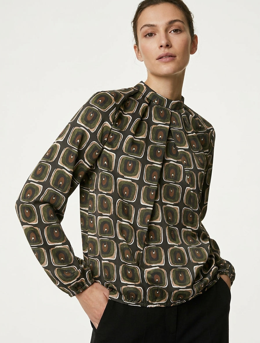 Satinierte Bluse mit Retro-Print - Kaki