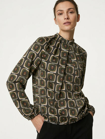 Satinierte Bluse mit Retro-Print - Kaki