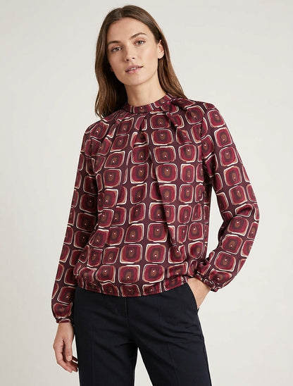 Satinierte Bluse mit Retro-Print - Weinrot
