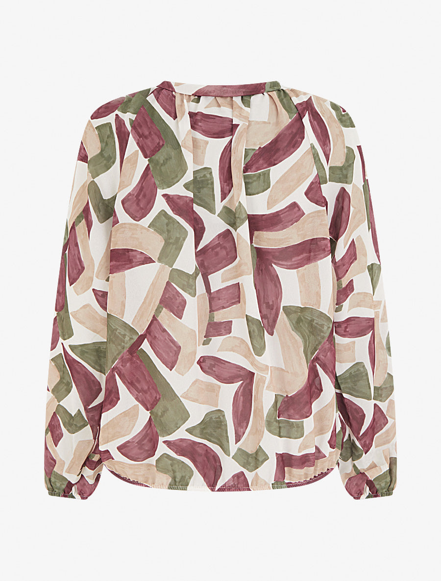 Blouse en voile imprimé abstrait coupe boule - Lie de vin - 2