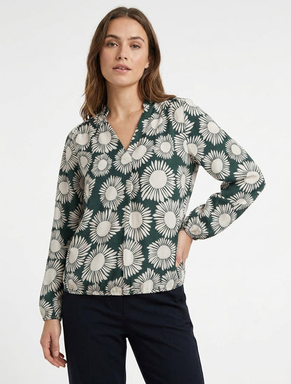 Bluse mit Blumenmuster und elastischen Bündchen. - Tannengrün