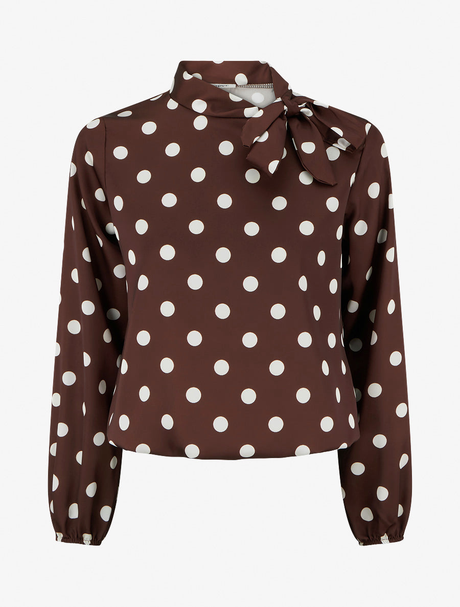 Top boule satiné à noeud et imprimé pois - Marron - 1