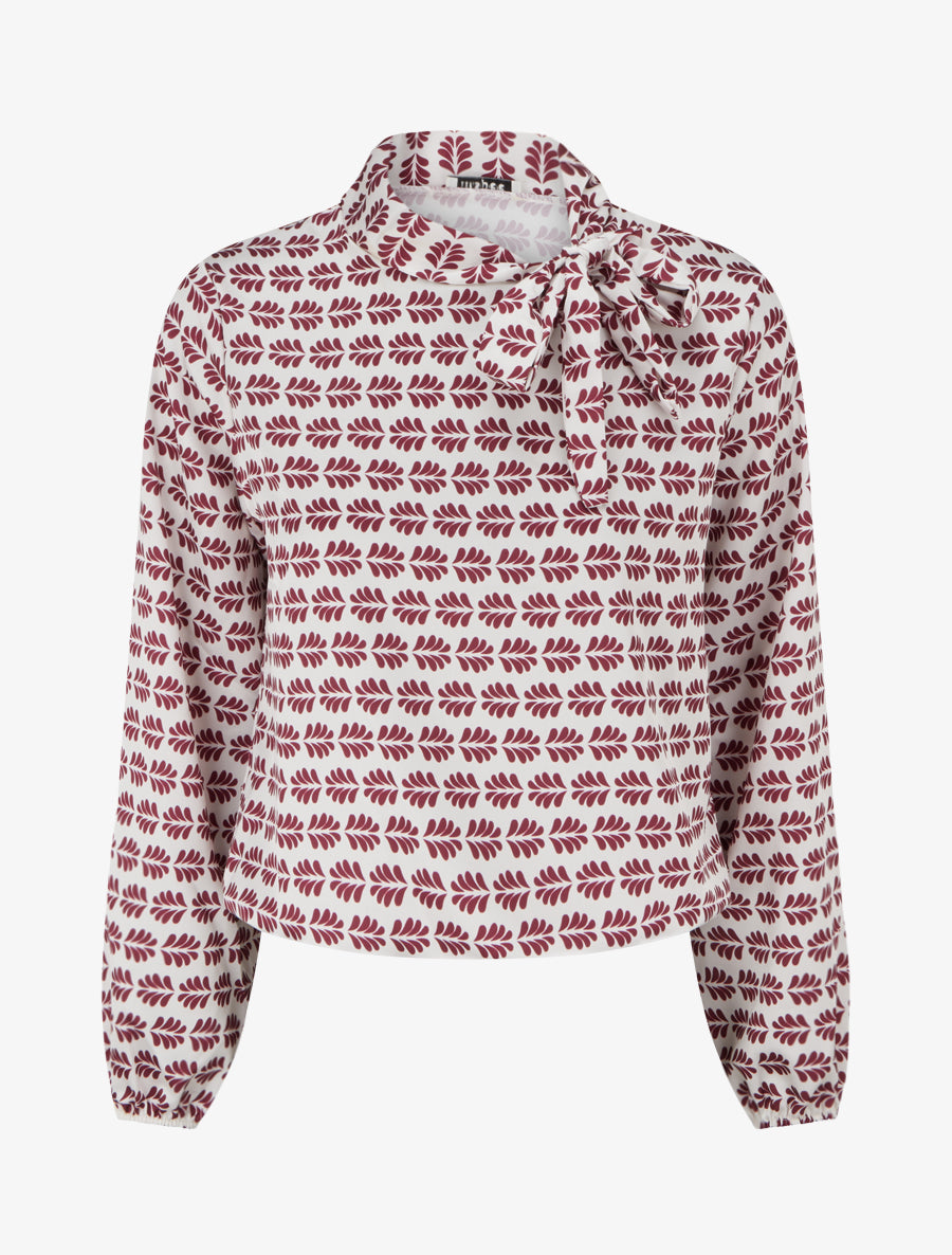 Top boule satiné à col noeud et imprimé graphique - Lie de vin - 1