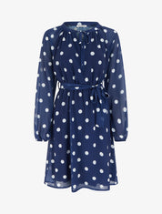 Robe à pois évasée à manches longues - Marine - 1