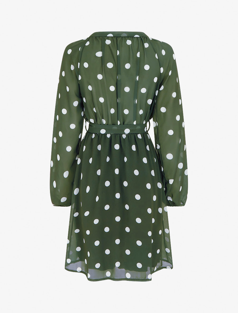 Robe à pois évasée à manches longues - Kaki - 2