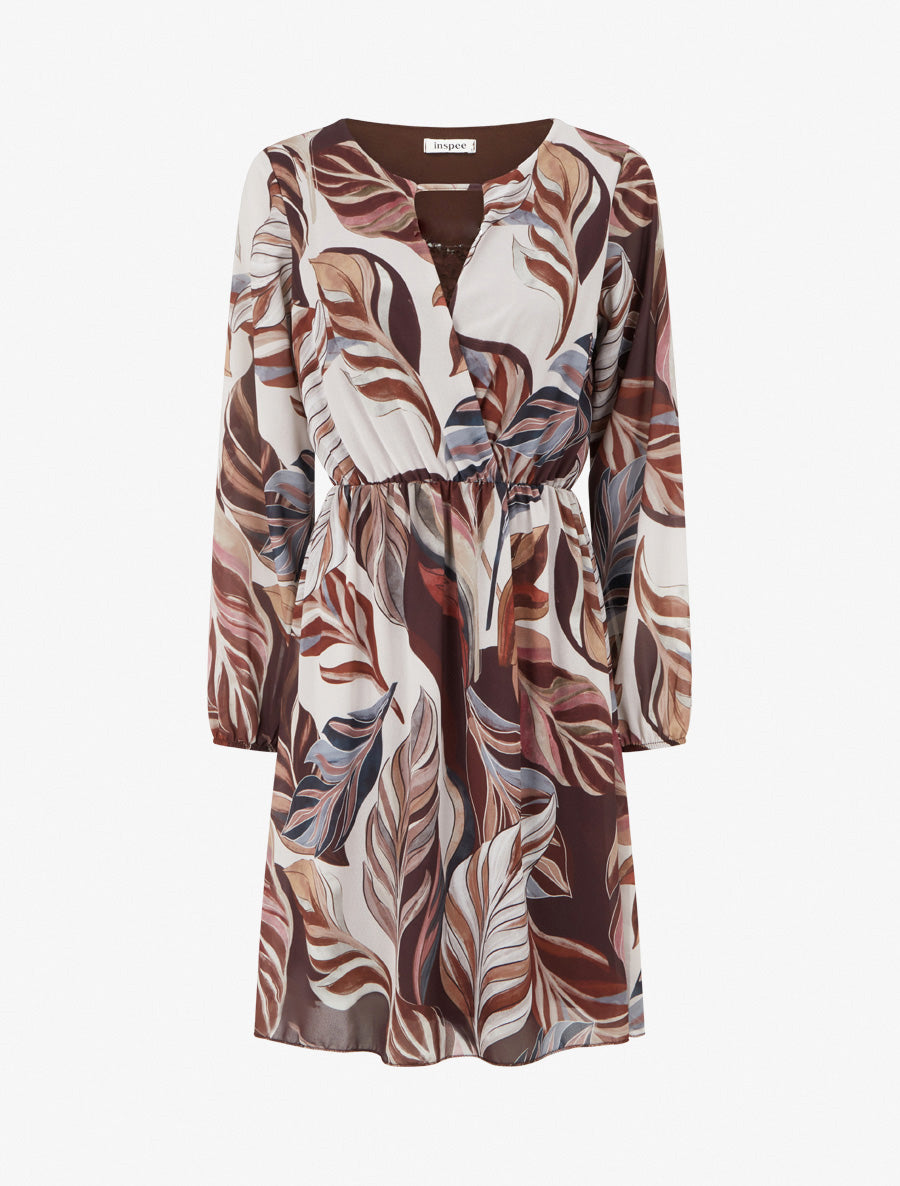 Ausgestelltes Kleid mit stilisiertem Blätterdruck - Braun