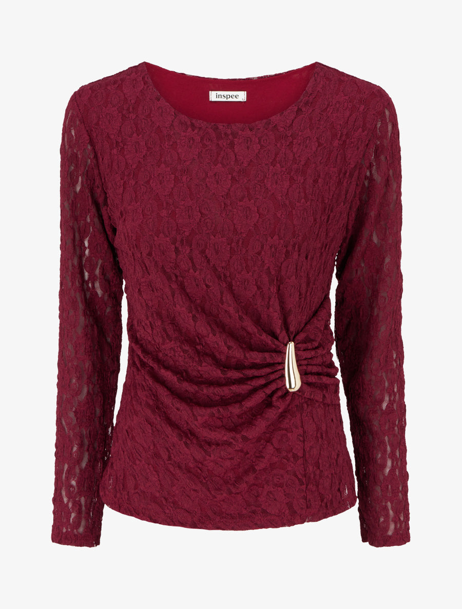 Top en dentelle à effet drapé et bijou métal - Lie de vin - 1