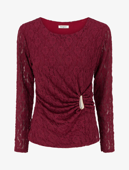 Top en dentelle à effet drapé et bijou métal - Lie de vin - 1