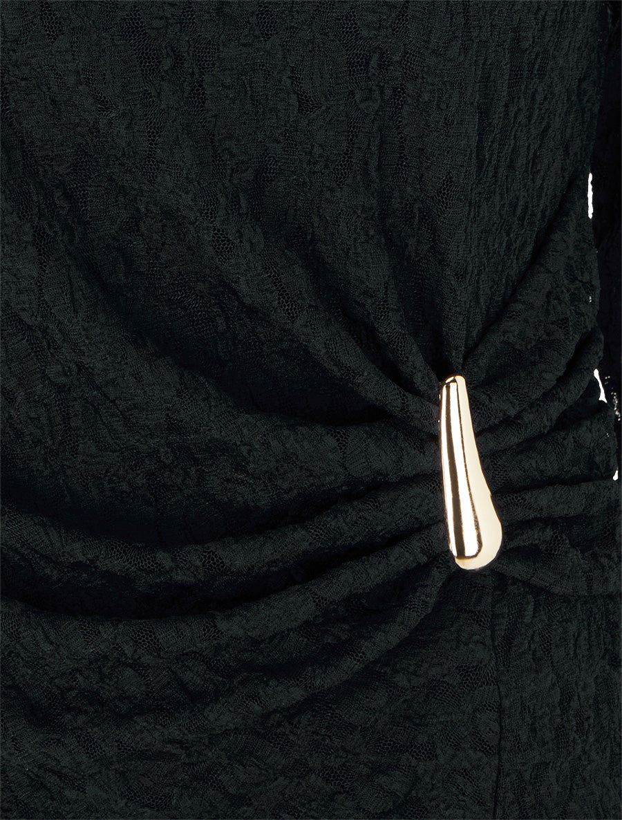 Top en dentelle à effet drapé et bijou métal - Noir - 3