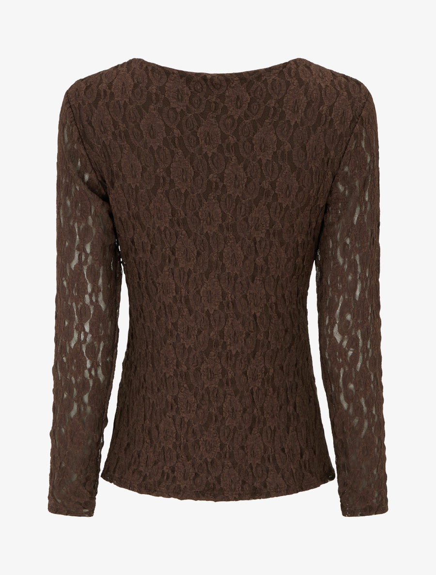 Top en dentelle à effet drapé et bijou métal - Marron - 2