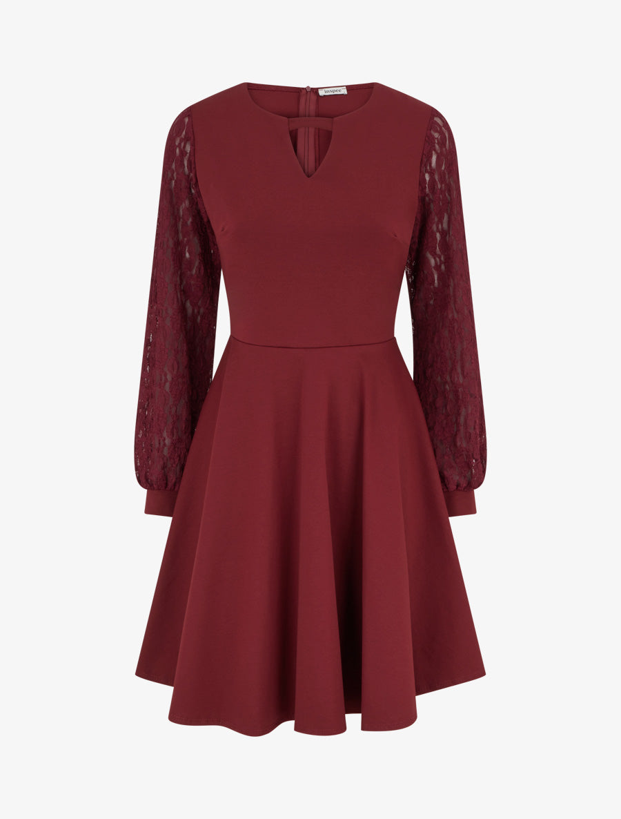 Robe patineuse à manches longues en dentelle - Bordeaux - 1