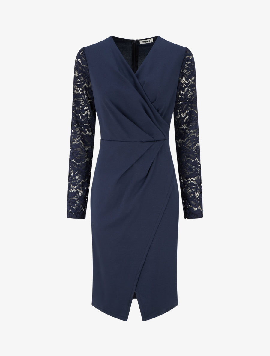 Robe portefeuille ajustée à manches en dentelle - Marine - 1