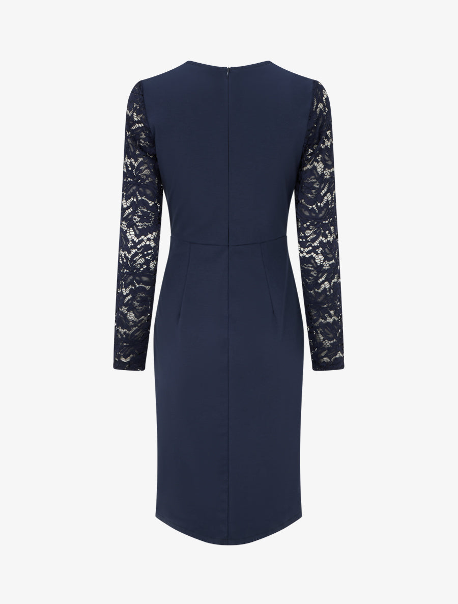Robe portefeuille ajustée à manches en dentelle - Marine - 2