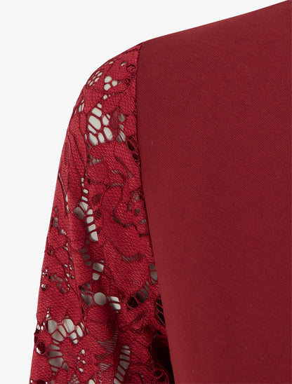Robe portefeuille ajustée à manches en dentelle - Bordeaux - 3