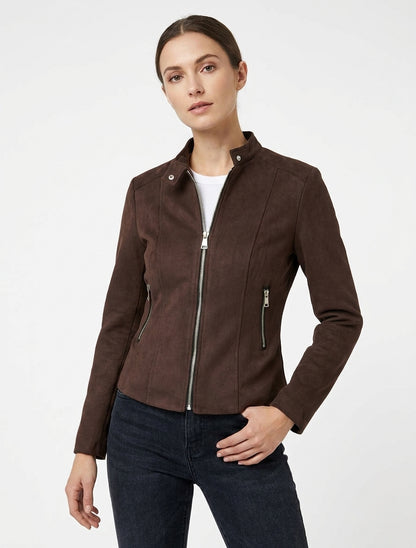 Jacke aus Wildlederimitat mit Stehkragen und Reißverschluss - Braun