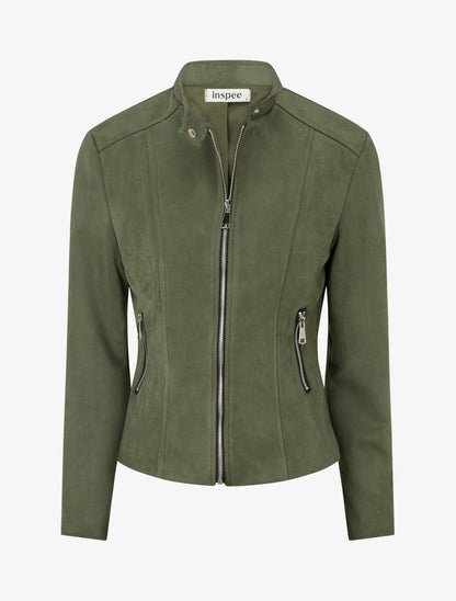 Veste en suédine à col montant et zip - Kaki - 1