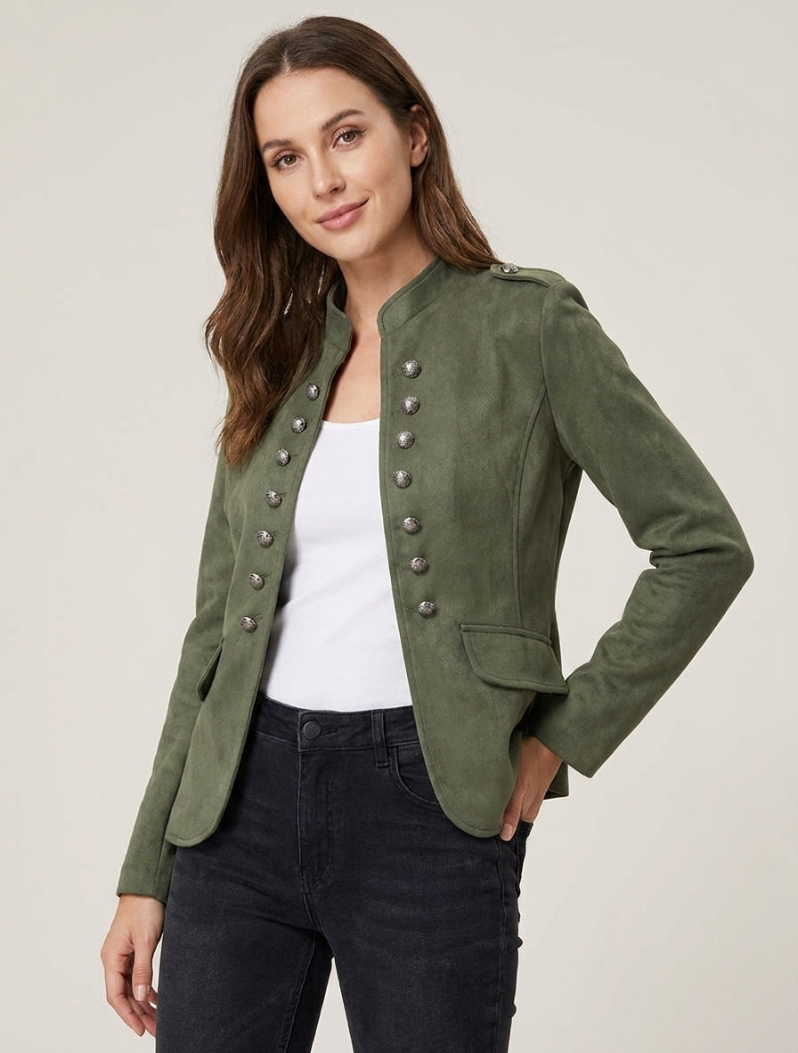 Offiziersstil Jacke aus Wildlederimitat - Kaki