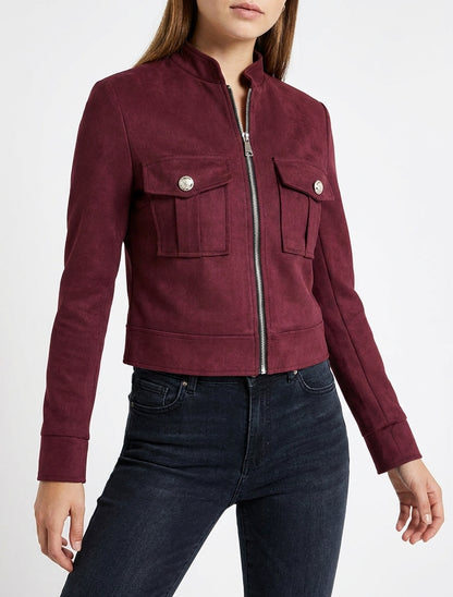 Reißverschlussjacke aus Wildlederimitat mit Klappentasche - Weinrot