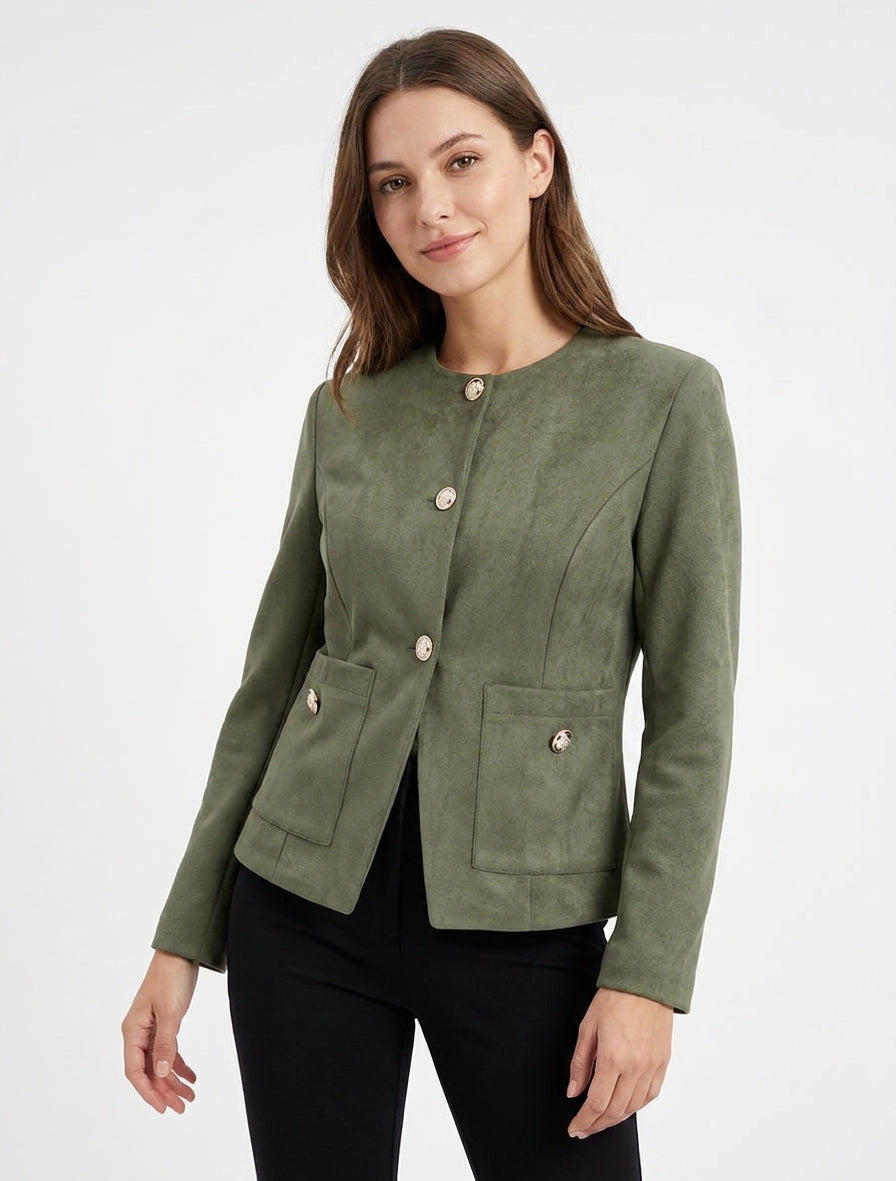 Jacke aus Wildlederimitat mit Knopfleiste und Rundhalsausschnitt - Kaki