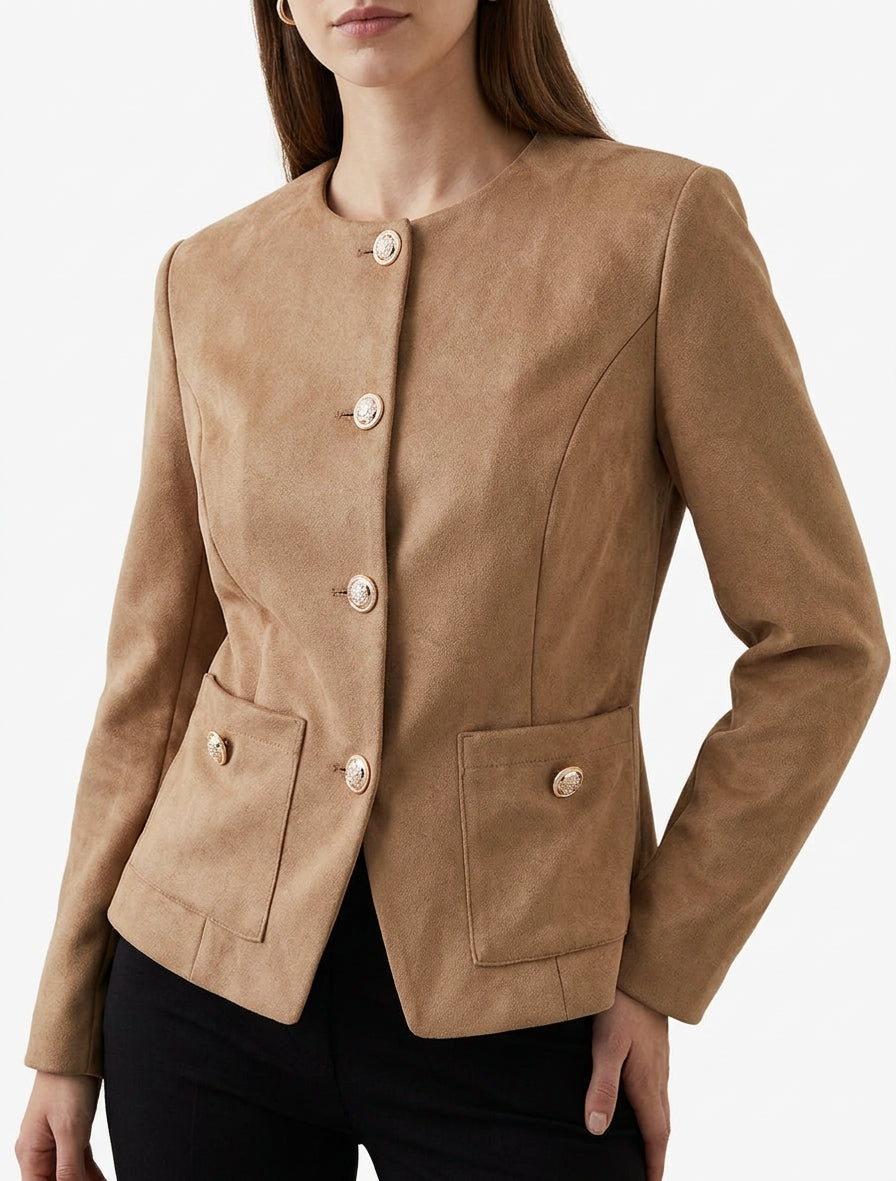 Jacke aus Wildlederimitat mit Knopfleiste und Rundhalsausschnitt - Beige
