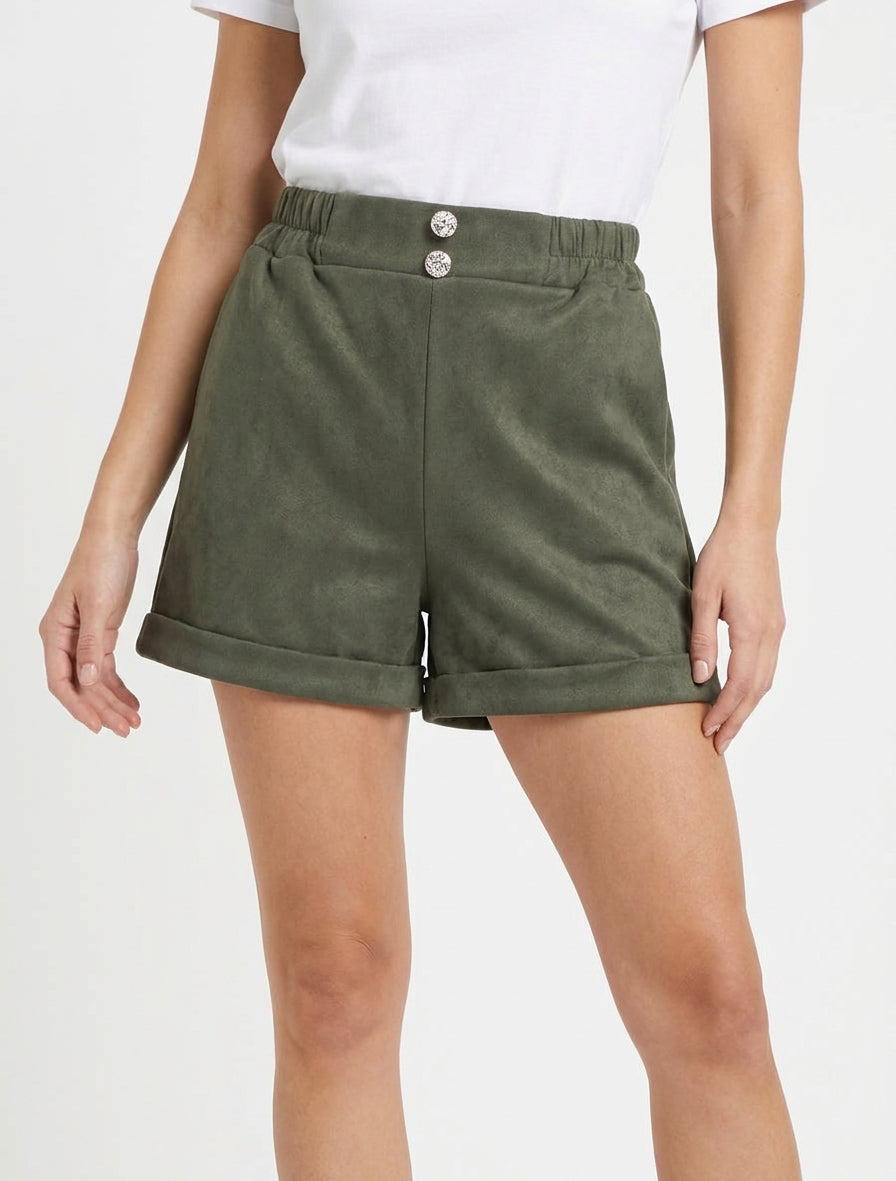Kurze Paperbag-Shorts aus Wildlederimitat - Kaki