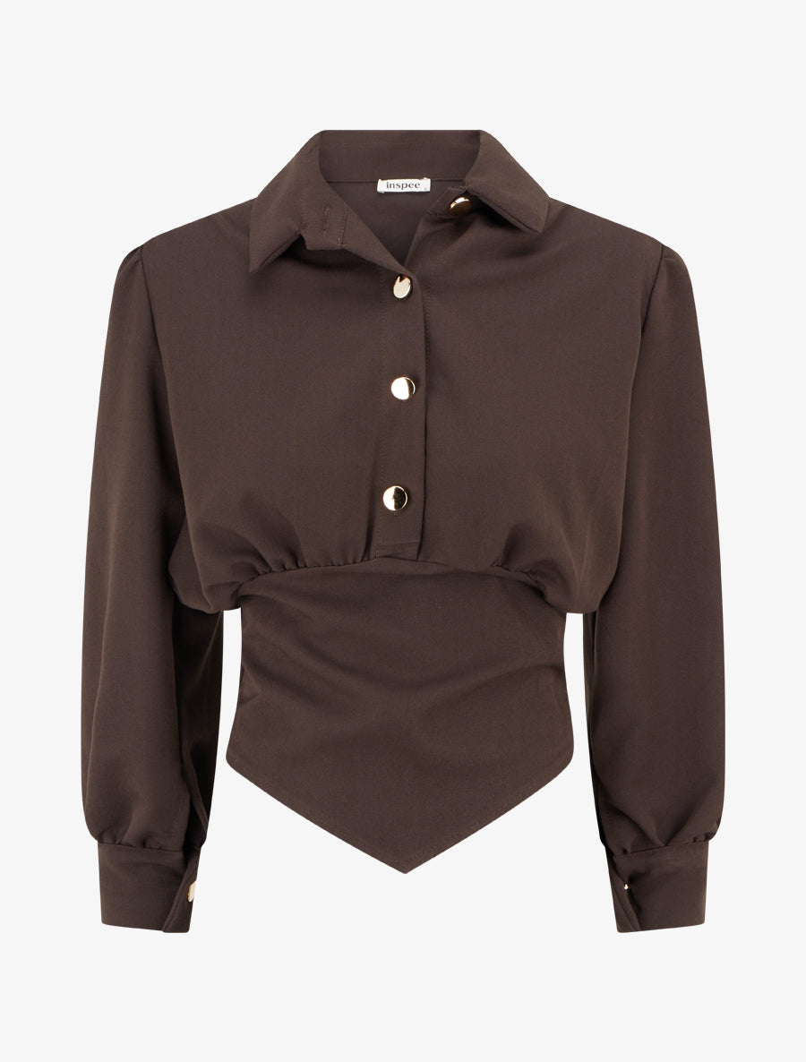 Blouse élastiquée à col à pied - Marron - 1