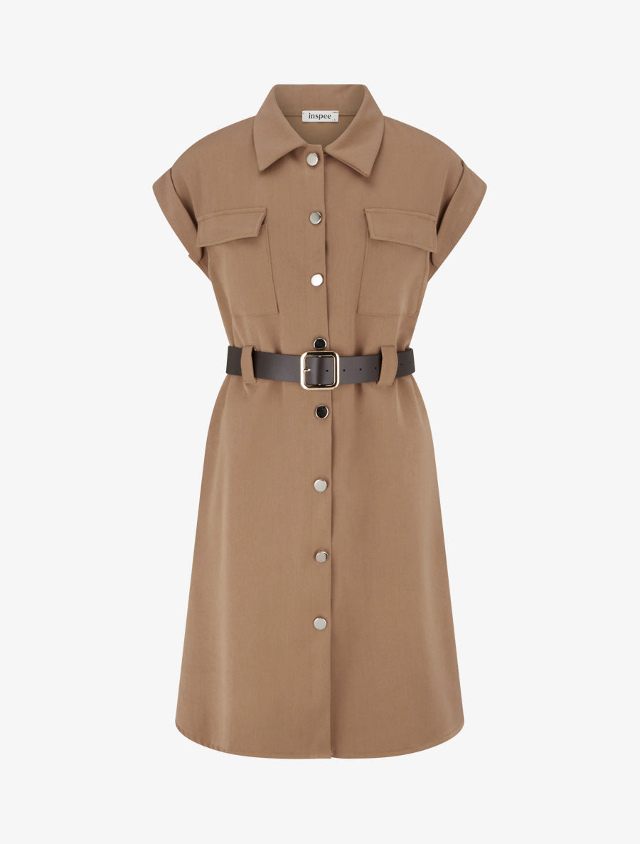 Robe chemise trapèze manches courtes - Beige - 1