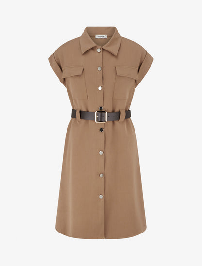 Robe chemise trapèze manches courtes - Beige - 1