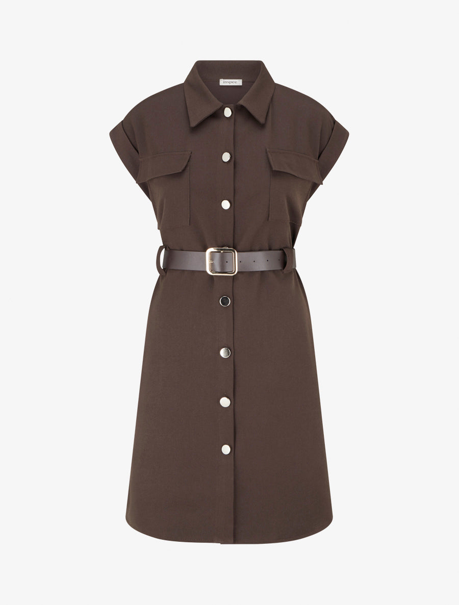 Robe chemise trapèze manches courtes - Marron - 1