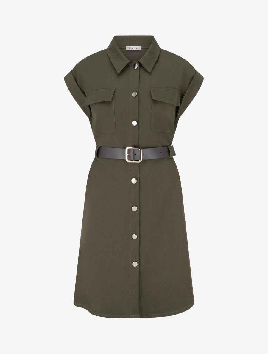 Robe chemise trapèze manches courtes - Kaki - 1