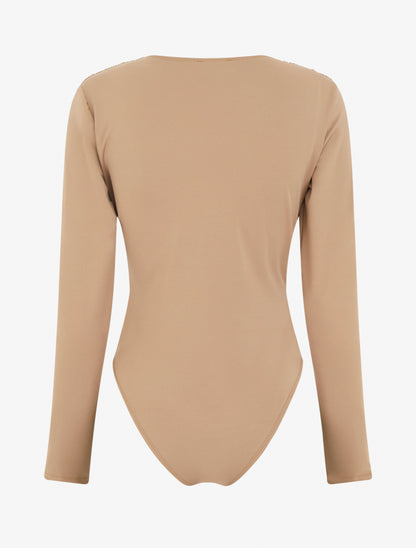 Body manches longues à taille plissée - Camel clair - 2