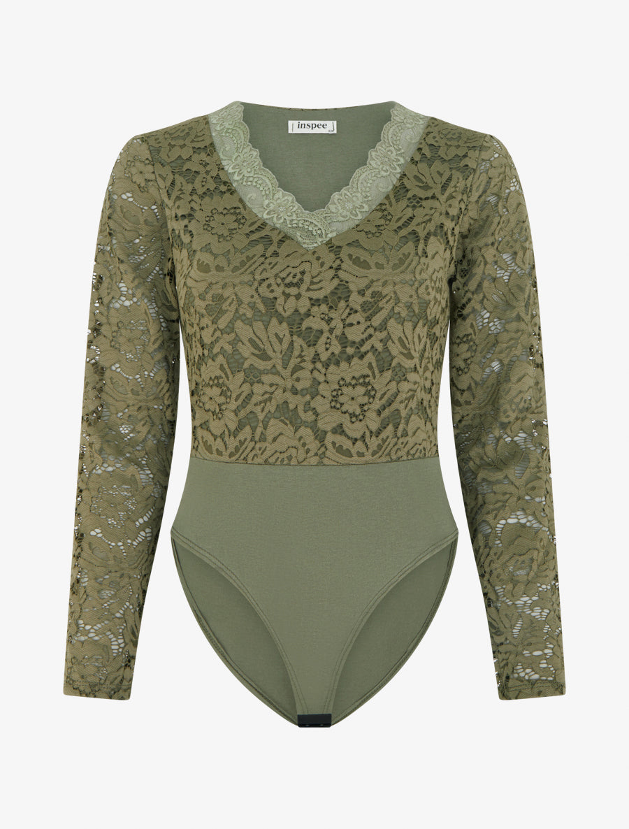 Body en dentelle à manches longues et col V - Kaki - 1