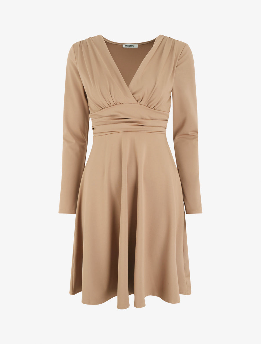 Robe patineuse manches longues à taille plissée - Camel clair - 1