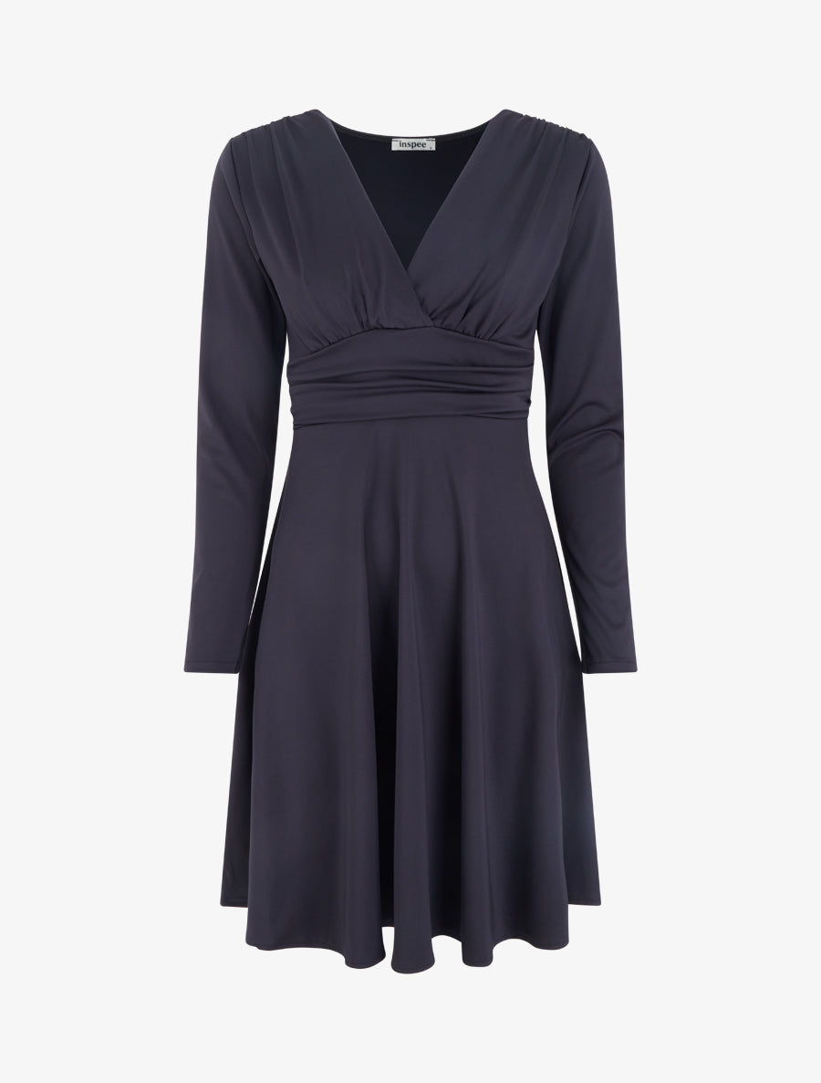 Robe patineuse manches longues à taille plissée - Marine - 1
