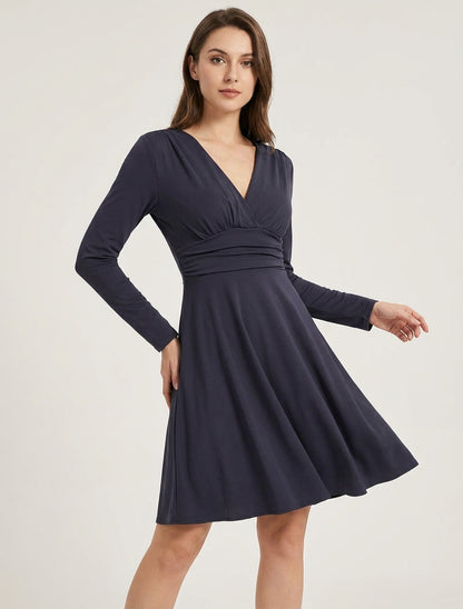 Langärmeliges Skaterkleid mit geraffter Taille - Marine