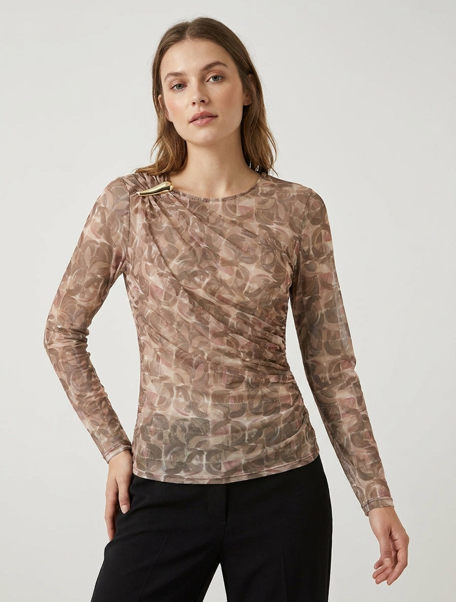 Tülltop mit abstraktem Druck und Juwelenbesatz - Beige