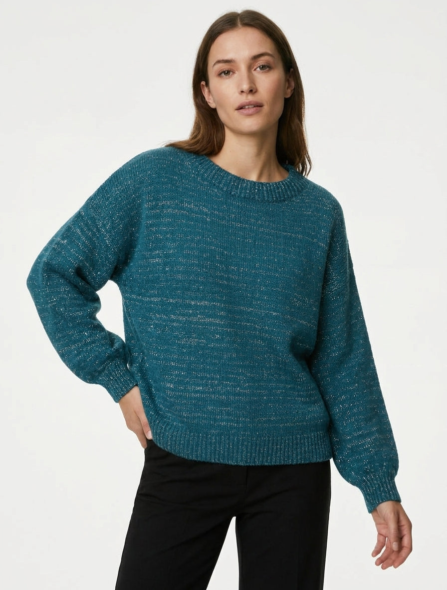 Weit geschnittener Strickpullover mit Rundhalsausschnitt in schimmerndem Garn - Entenblau