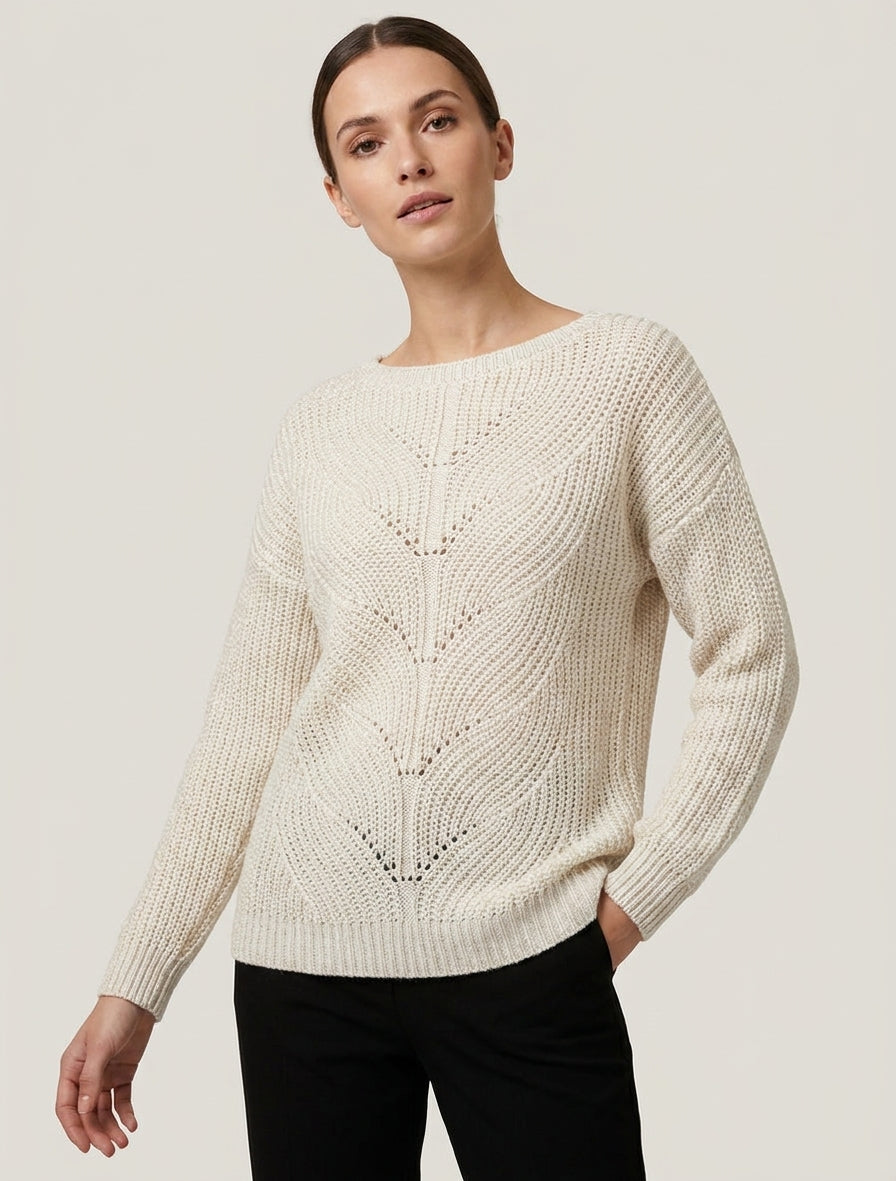 Gerader Pullover aus schimmerndem Strick mit U-Boot-Ausschnitt - Ecru