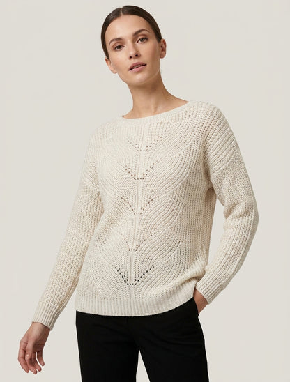 Gerader Pullover aus schimmerndem Strick mit U-Boot-Ausschnitt - Ecru
