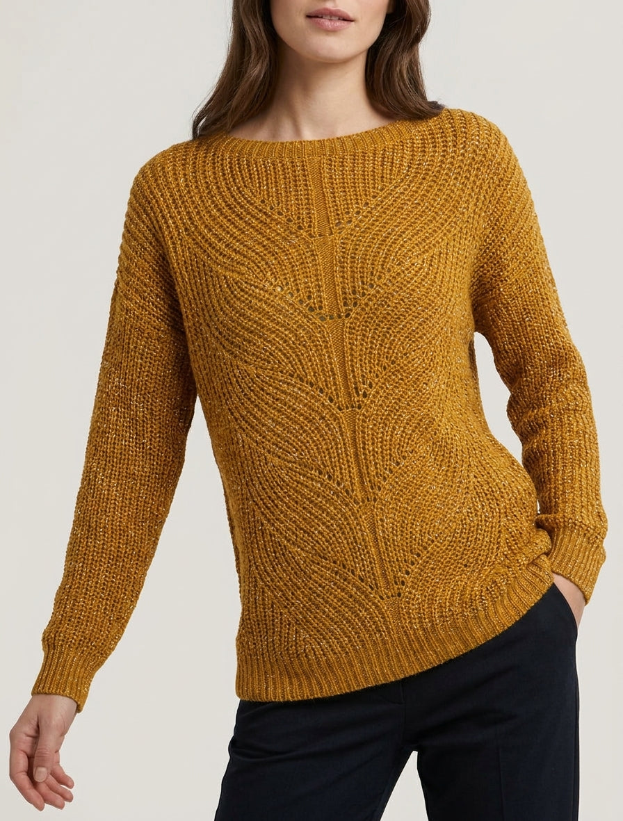 Gerader Pullover aus schimmerndem Strick mit U-Boot-Ausschnitt - Senf