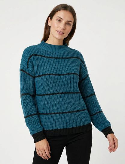 Gerader Pullover mit Stehkragen und Streifen - Entenblau
