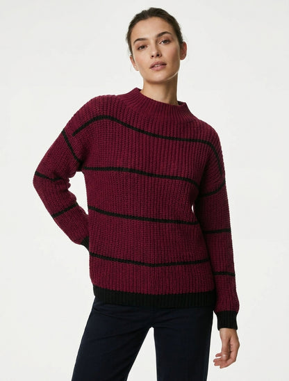 Gerader Pullover mit Stehkragen und Streifen - Weinrot
