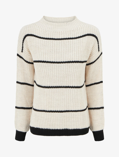 Pull droit à col montant et rayures - Écru - 1