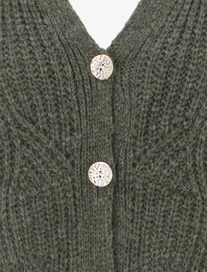 Gilet en maille fantaisie à col V - Kaki - 3