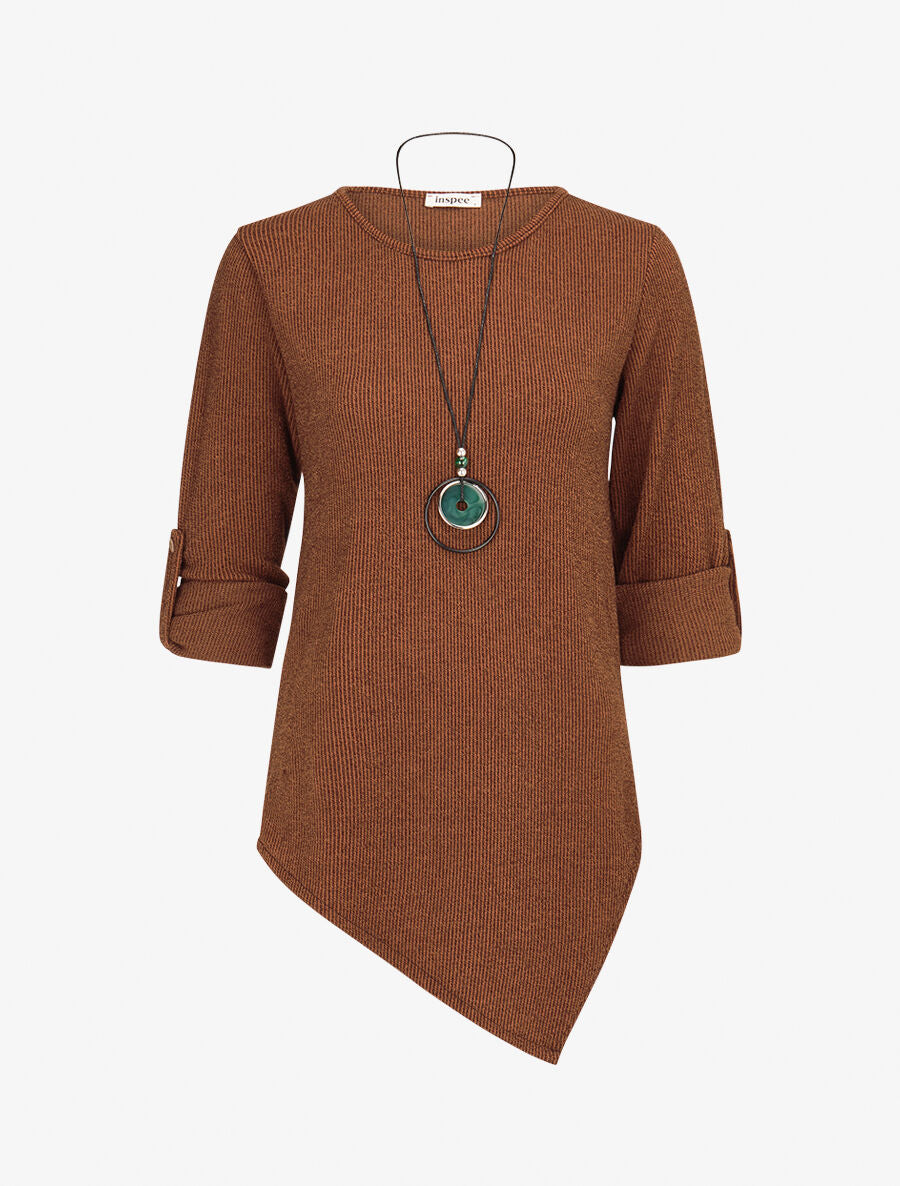 Pull long côtelé et asymétrique - Marron - 5